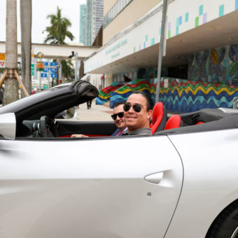 George Carbonell driving silver Ferrari in Miami
